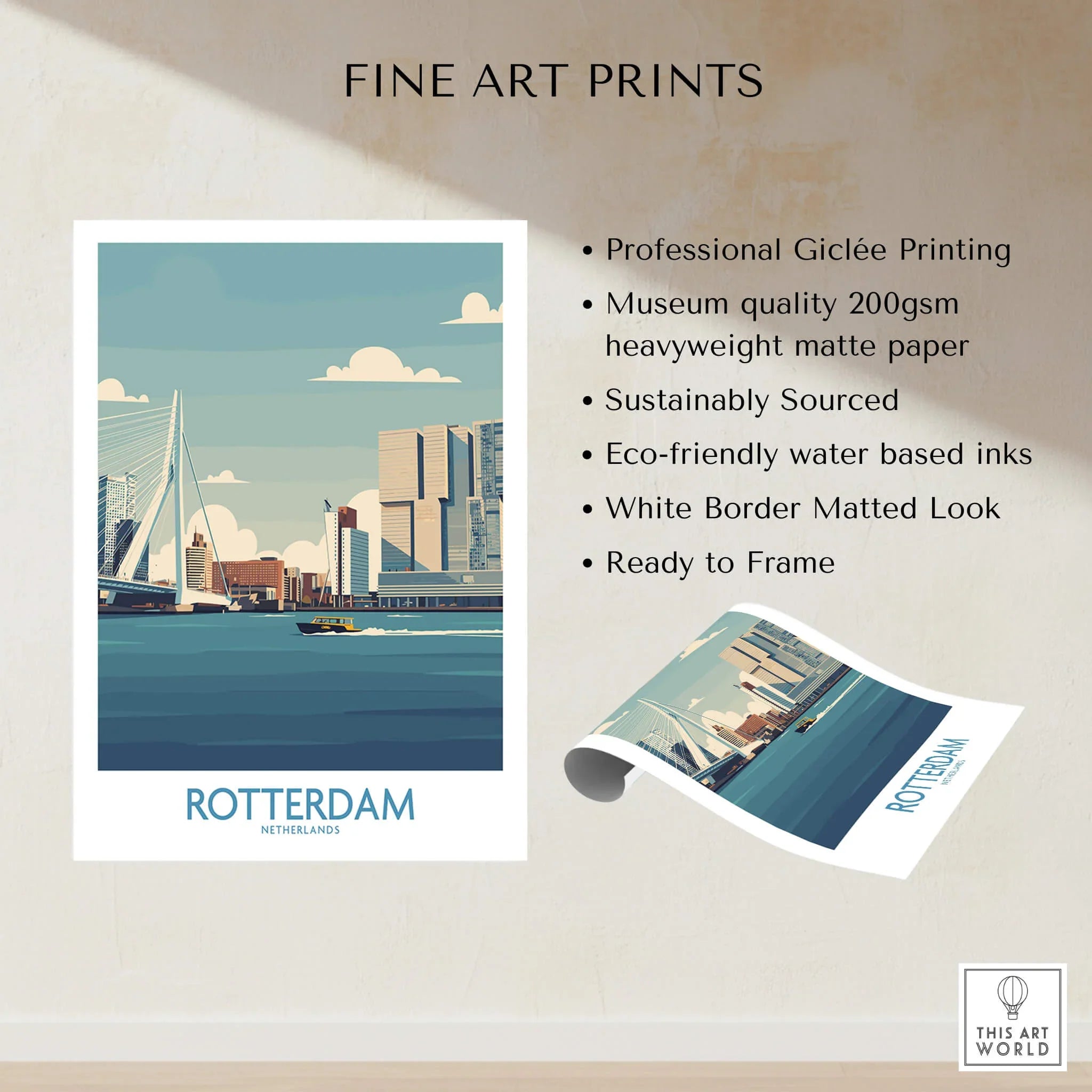 Rotterdam city skyline fine art print with white border, modern wall decor poster.