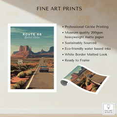Route 66 fine art print with desert landscape, classic car, and white border, unframed.