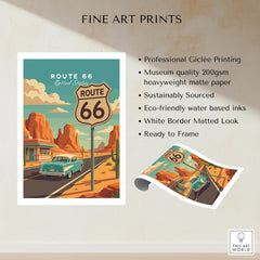 Route 66 travel poster art print with vintage car, desert landscape, and classic road sign.