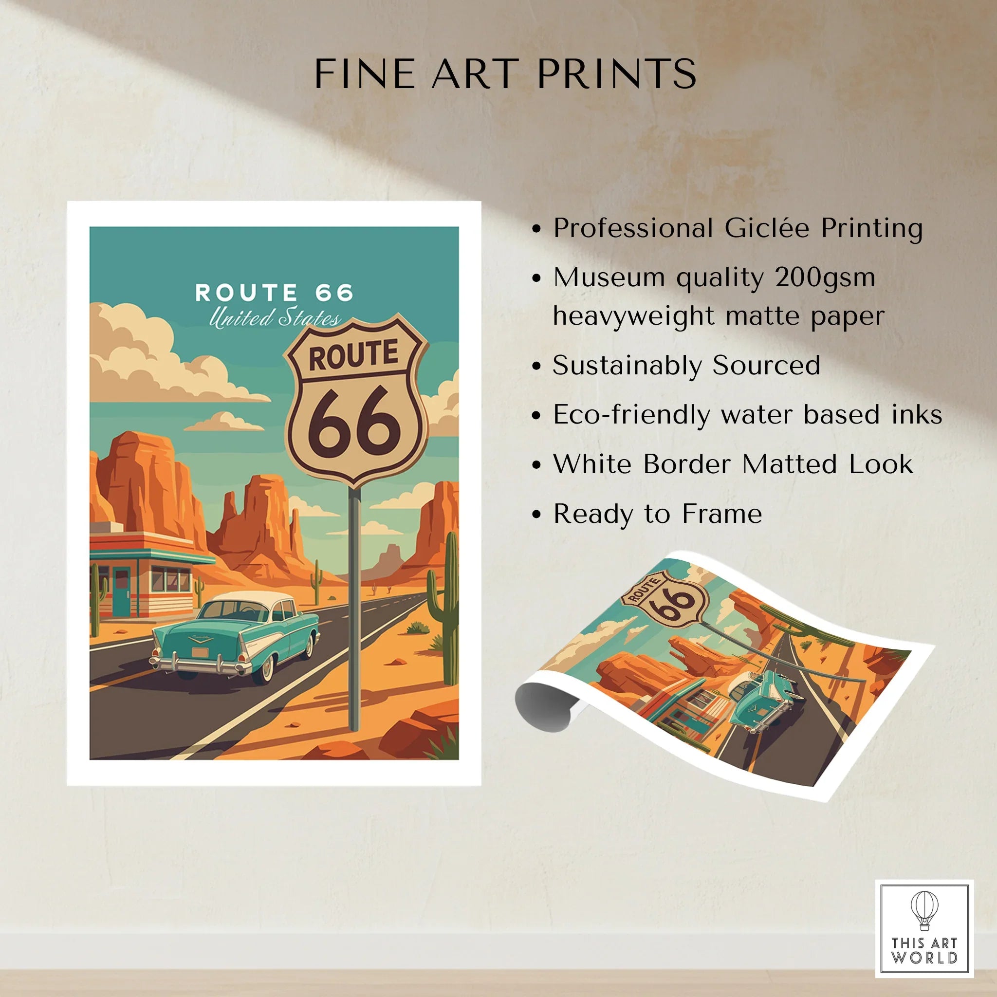 Route 66 travel poster art print with vintage car, desert landscape, and classic road sign.