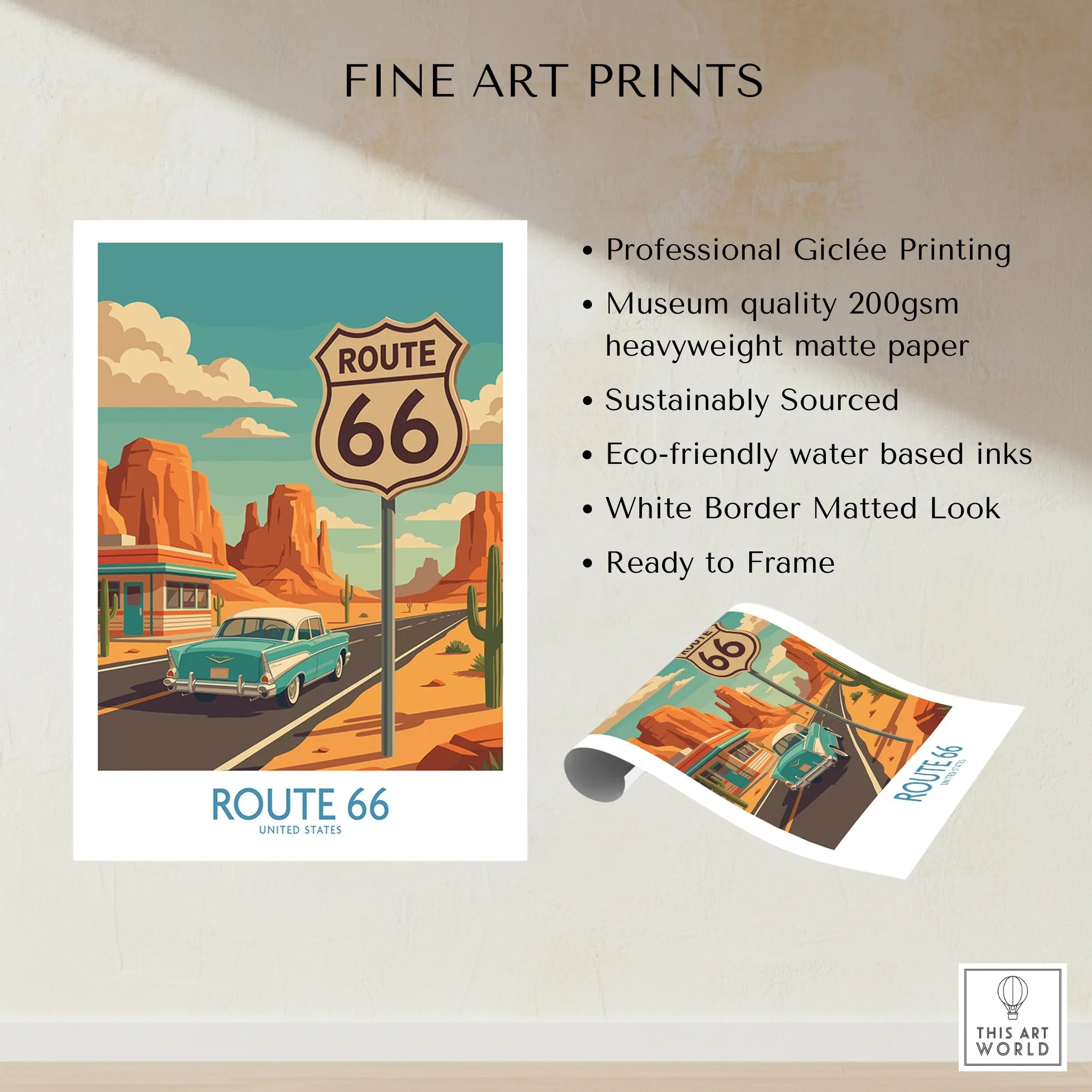 Route 66 travel poster print with vintage car, desert landscape and unframed matte border