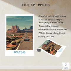 Route 66 fine art print featuring a classic car on desert highway with red rock mesas, unframed.