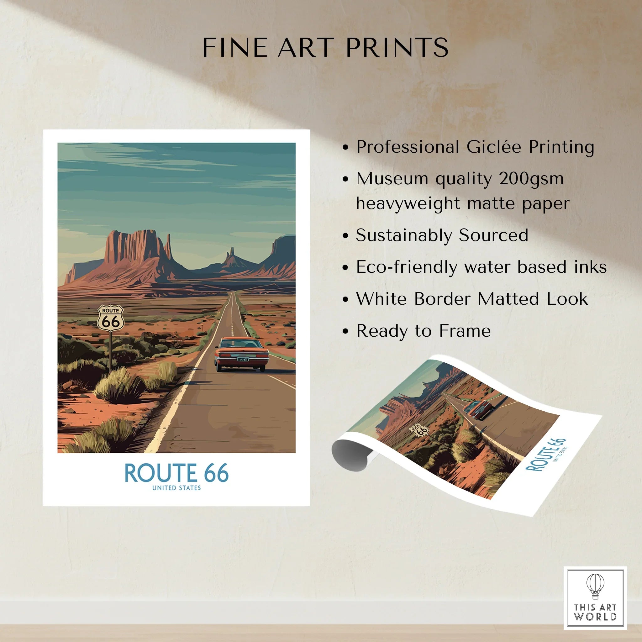 Route 66 fine art print featuring a classic car on desert highway with red rock mesas, unframed.
