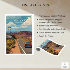 Route 66 art print showing classic car, desert road, mountains, and blue sky landscape.
