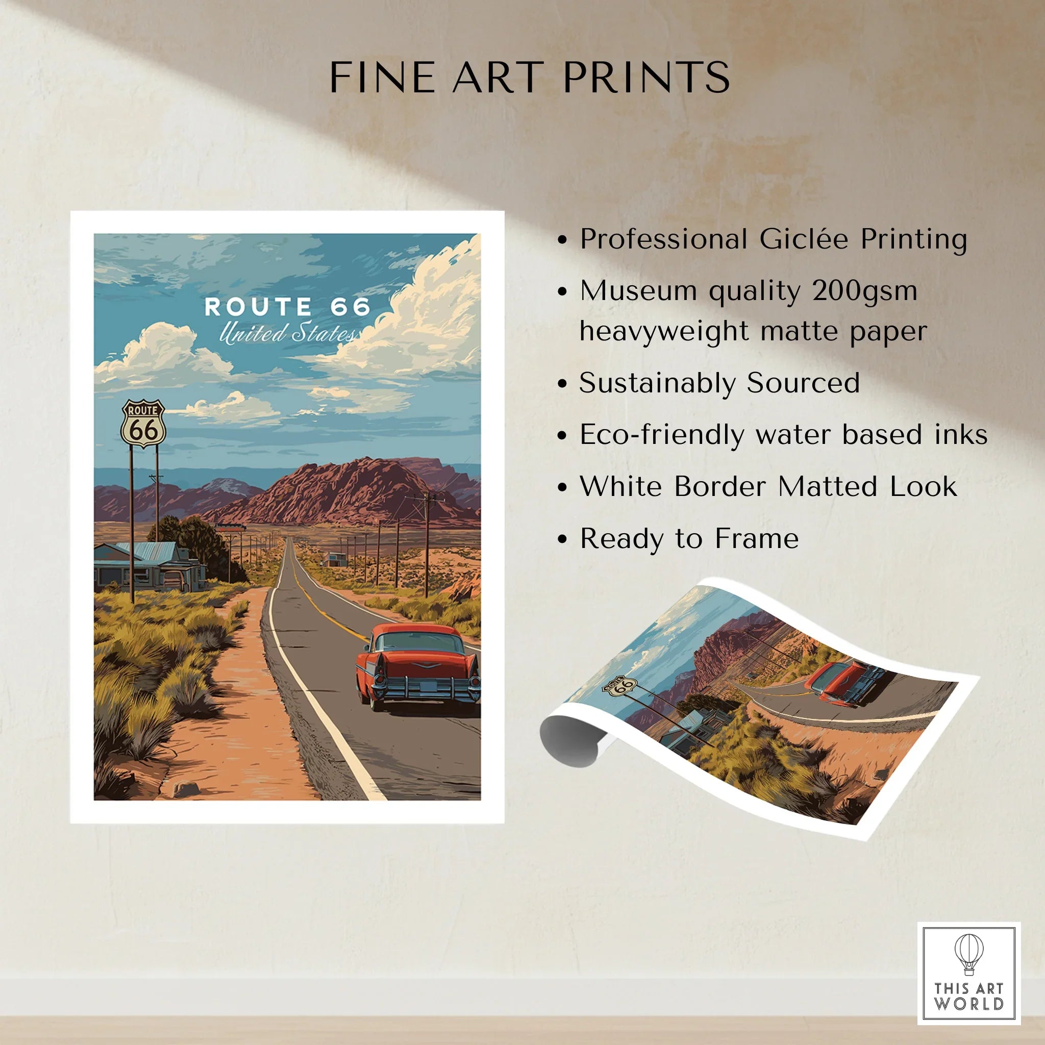 Route 66 art print showing classic car, desert road, mountains, and blue sky landscape.