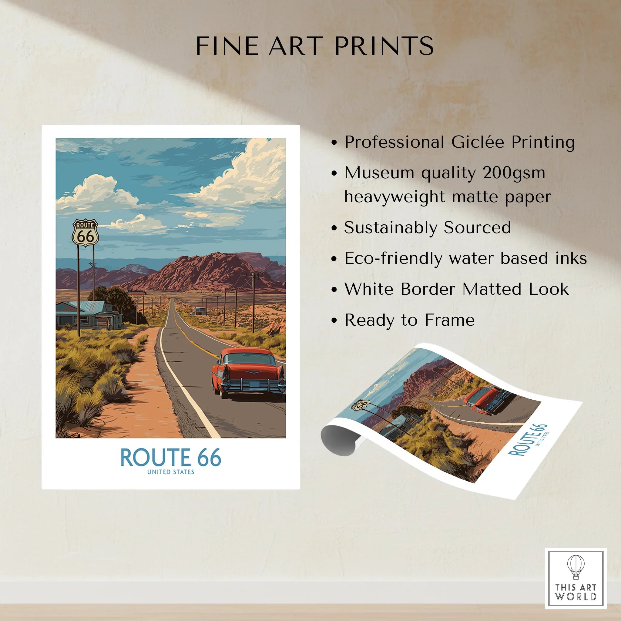 Route 66 fine art print with vintage car, desert highway, and red mountains wall decor
