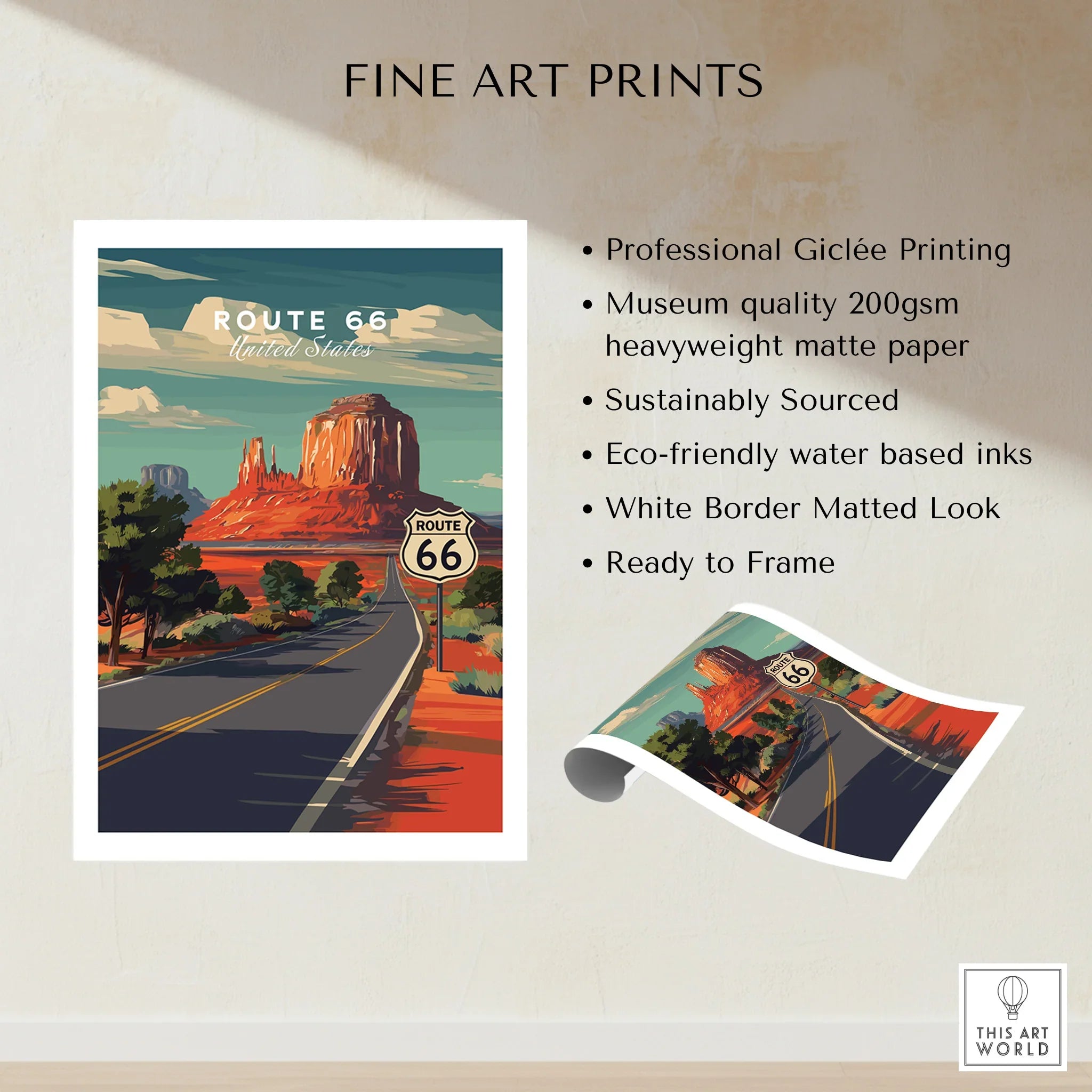 Route 66 fine art print with desert landscape, unframed travel poster, matte paper