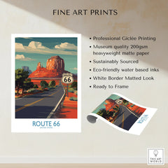 Route 66 fine art print with scenic desert landscape, highway, and bold colors, unframed wall art.