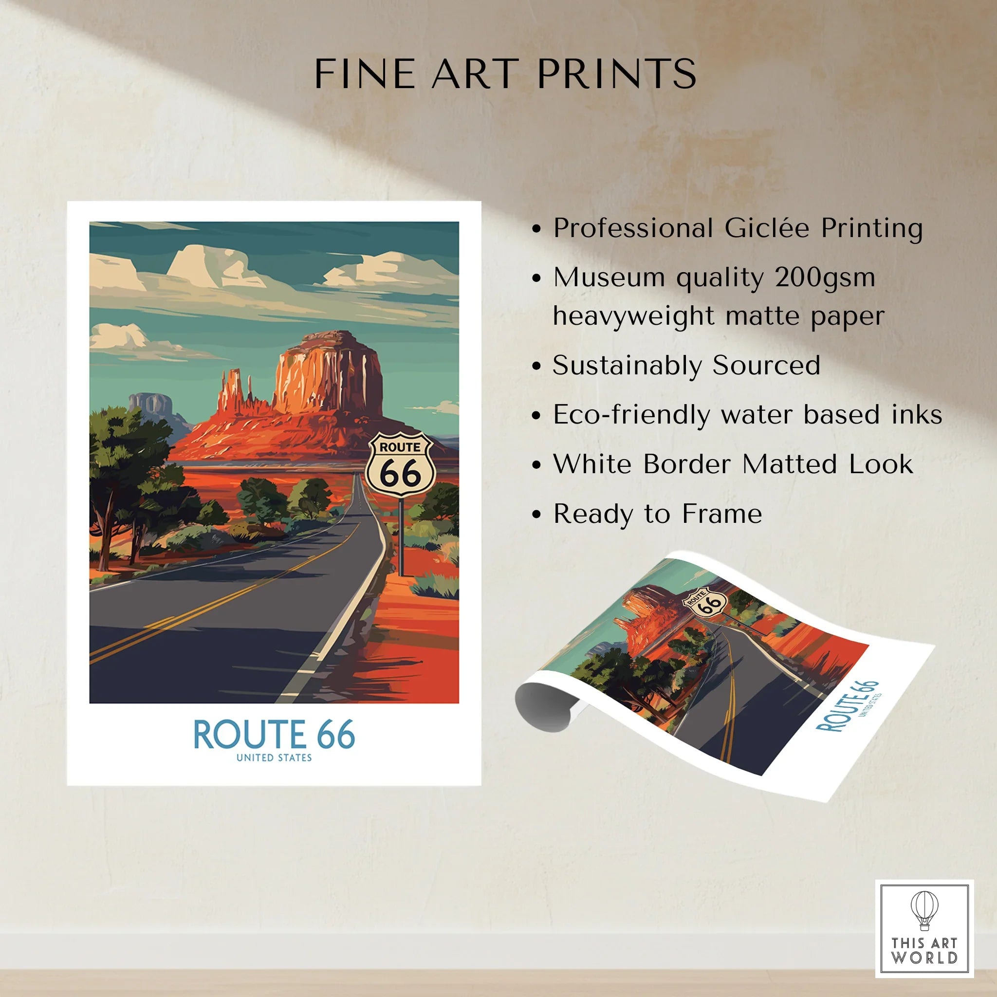 Route 66 fine art print with scenic desert landscape, highway, and bold colors, unframed wall art.
