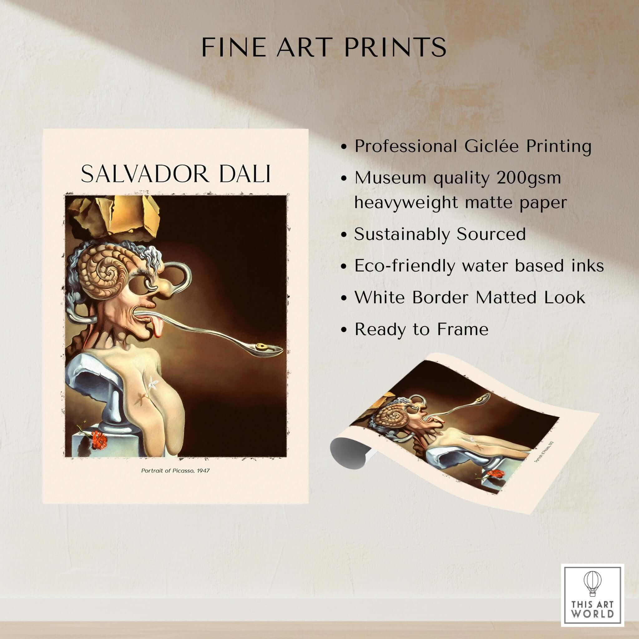 Salvador Dali Portrait of Picasso 1947 Surrealist Art Print Grotesque Poster featuring unique details.