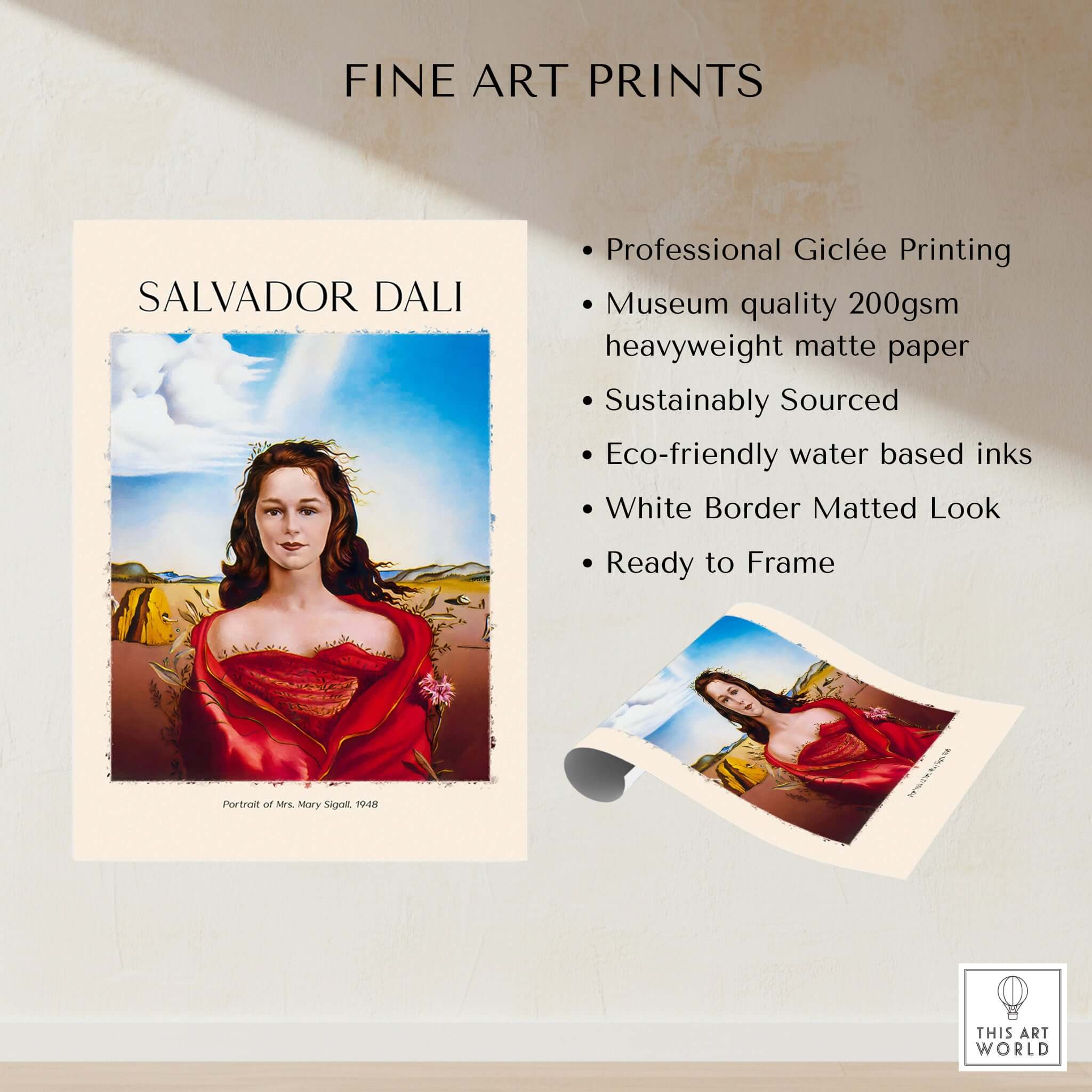 Salvador Dali Portrait Mrs Mary Sigall 1948 Surrealist Woman Art Print Poster showcasing fine art details and quality features.