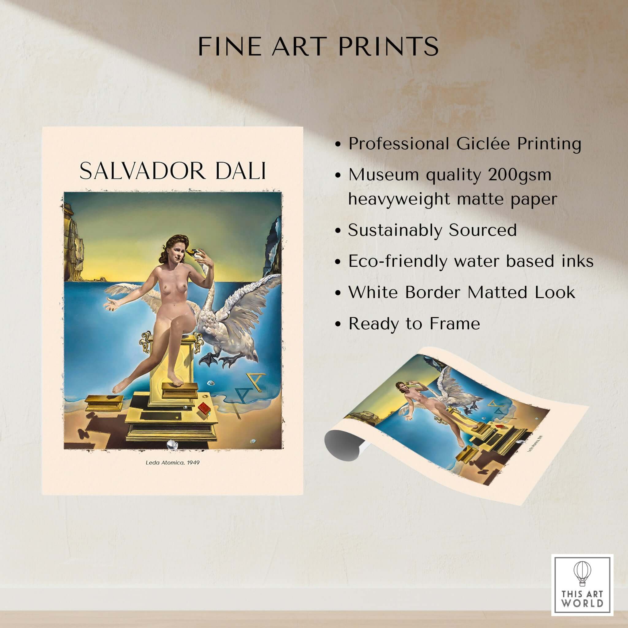 Salvador Dali Leda Atomica 1949 Surrealist Mythology Art Print Swan Poster Nuclear Mysticism displayed on fine art paper.