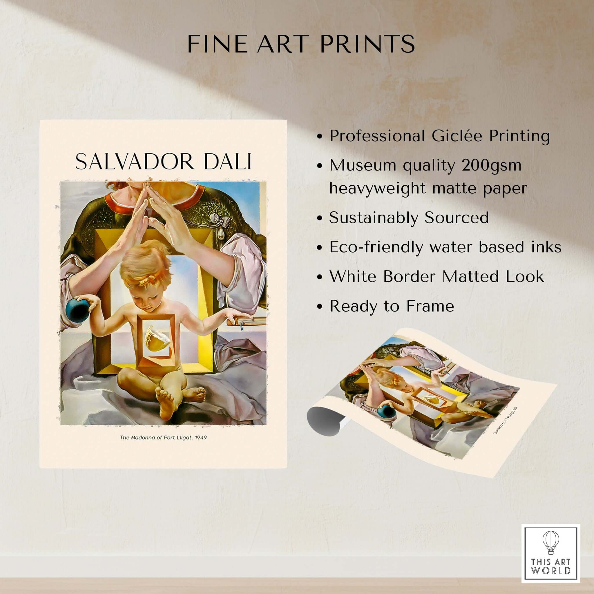 Salvador Dali Madonna Port Lligat 1949 Surrealist Religious Art Print Poster Gala displayed on heavyweight matte paper.