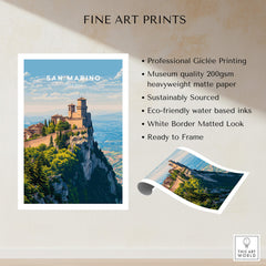 San Marino Wall Art Print | Mount Titano Citadel Travel Poster showcasing a picturesque fortress atop a mountain.
