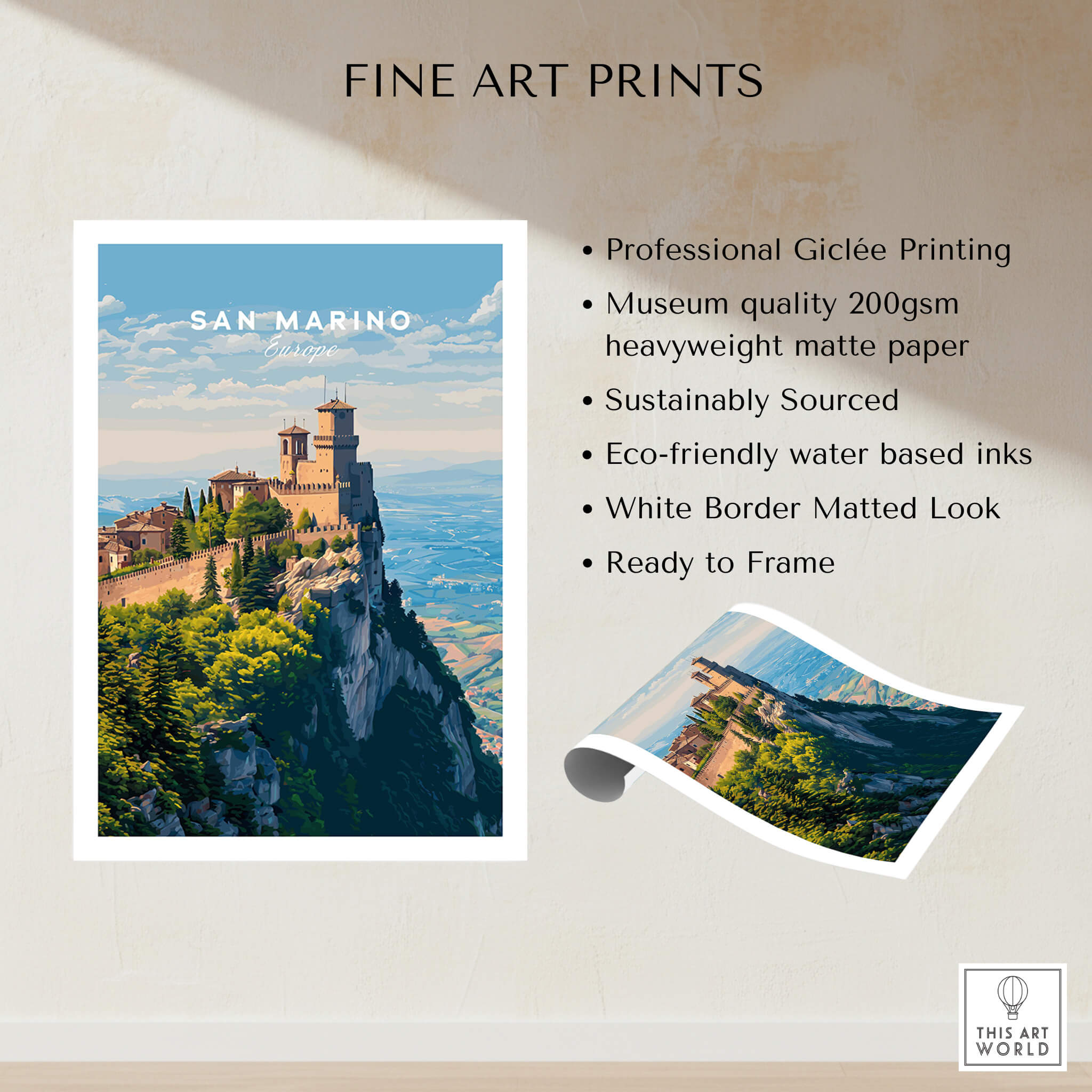 San Marino Wall Art Print | Mount Titano Citadel Travel Poster showcasing a picturesque fortress atop a mountain.