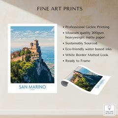 San Marino Poster | Canvas Print featuring a scenic view of a hilltop fortress and dramatic sky.