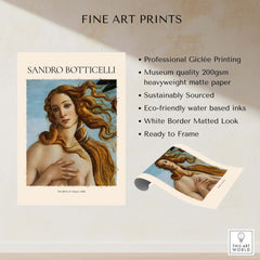 Botticelli Birth of Venus Face Detail Art Print Renaissance Iconic Poster Wall Art displayed with professional printing details.