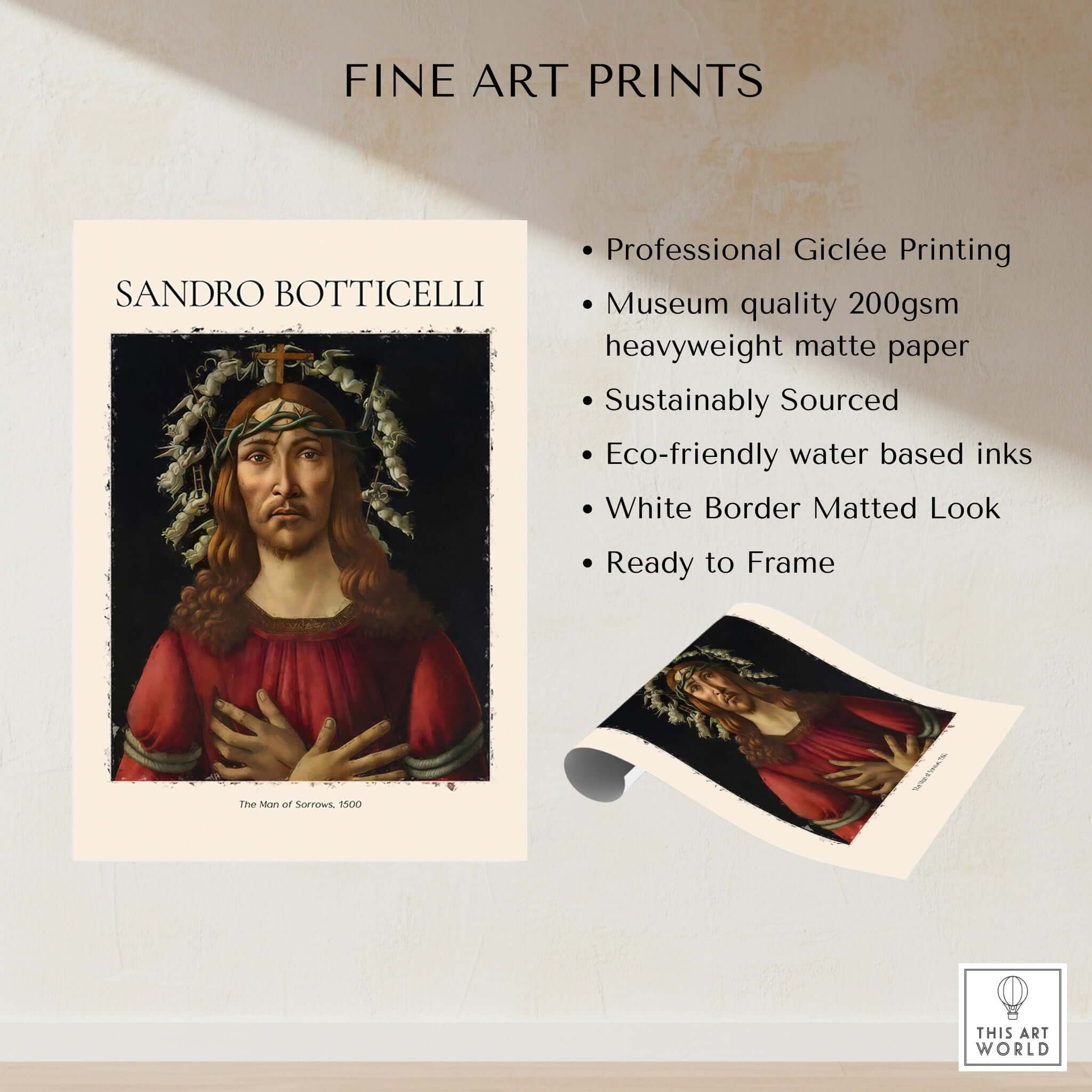 Botticelli Man of Sorrows Christ Art Print Religious Renaissance Painting Poster displayed with fine art print details.