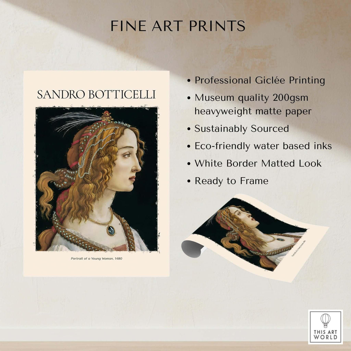 Botticelli Portrait of a Young Woman Simonetta Vespucci Art Print Renaissance Poster featuring detailed artwork.