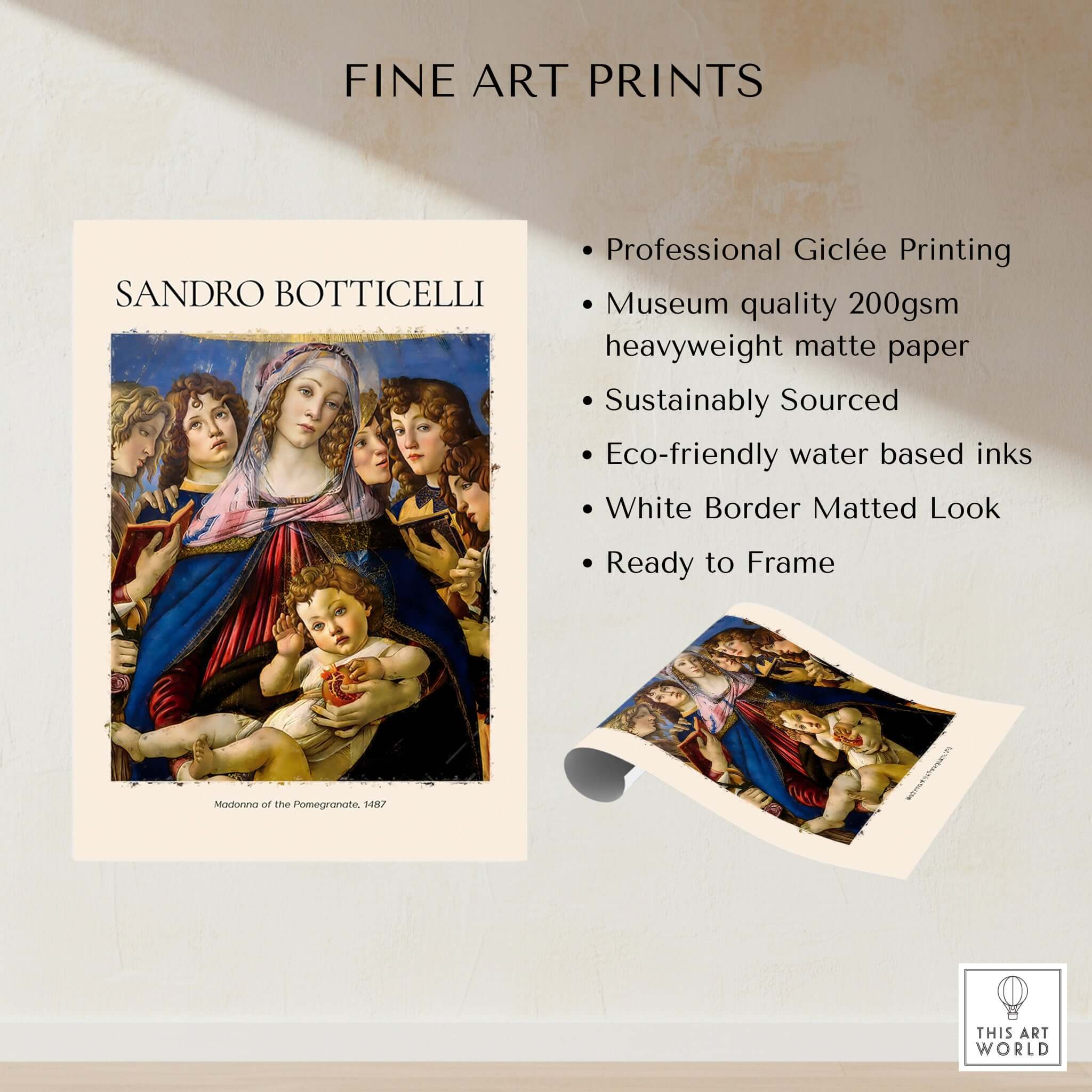 Botticelli Madonna of the Pomegranate Art Print Religious Virgin Mary Child Poster Angels with detailed description.