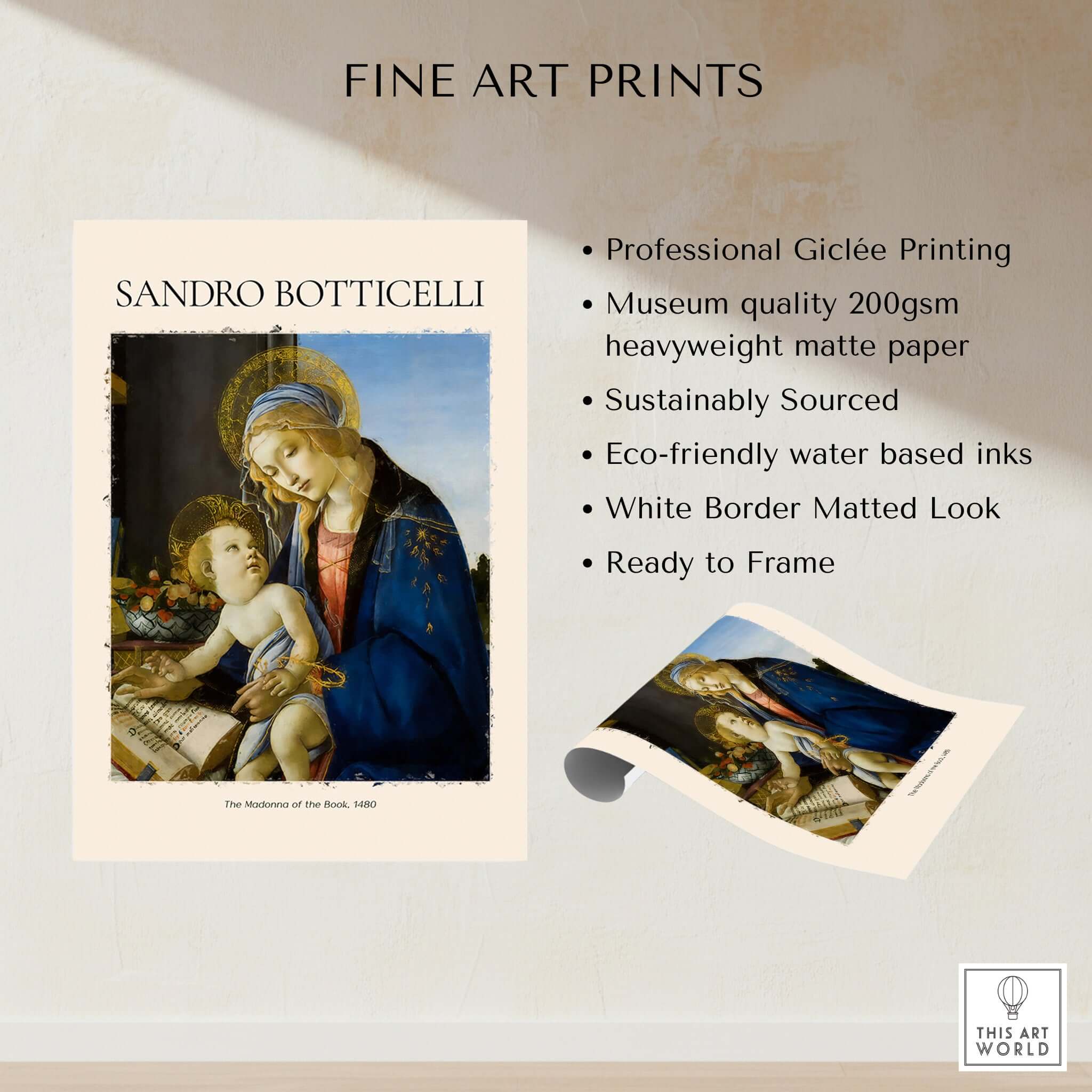 Botticelli Madonna of the Book Art Print Virgin Mary Child Religious Poster Wall Art with details of fine art quality.