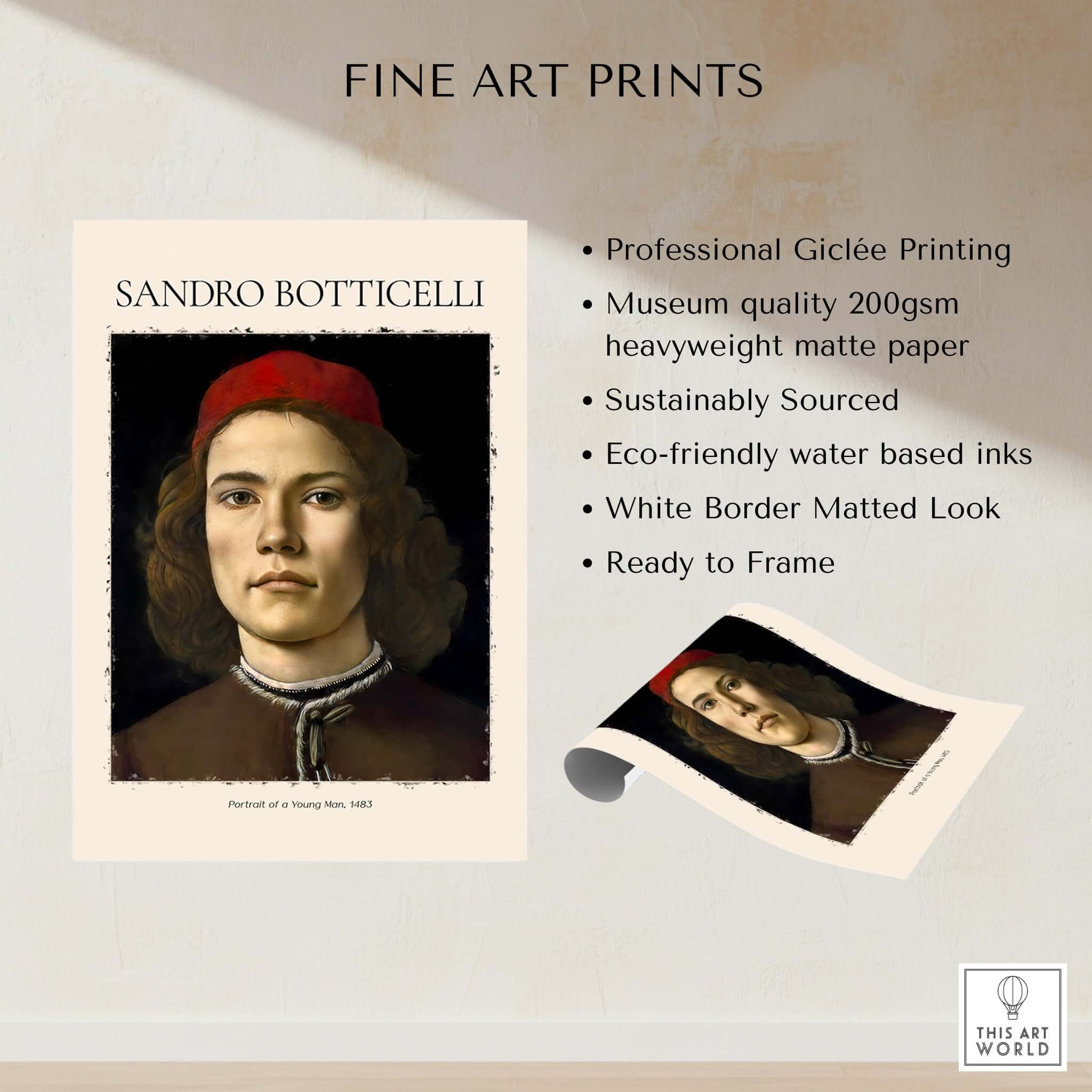 Botticelli Portrait Young Man Red Hat 1483 Art Print Renaissance Florentine Poster featuring vibrant Giclée printing on matte paper.