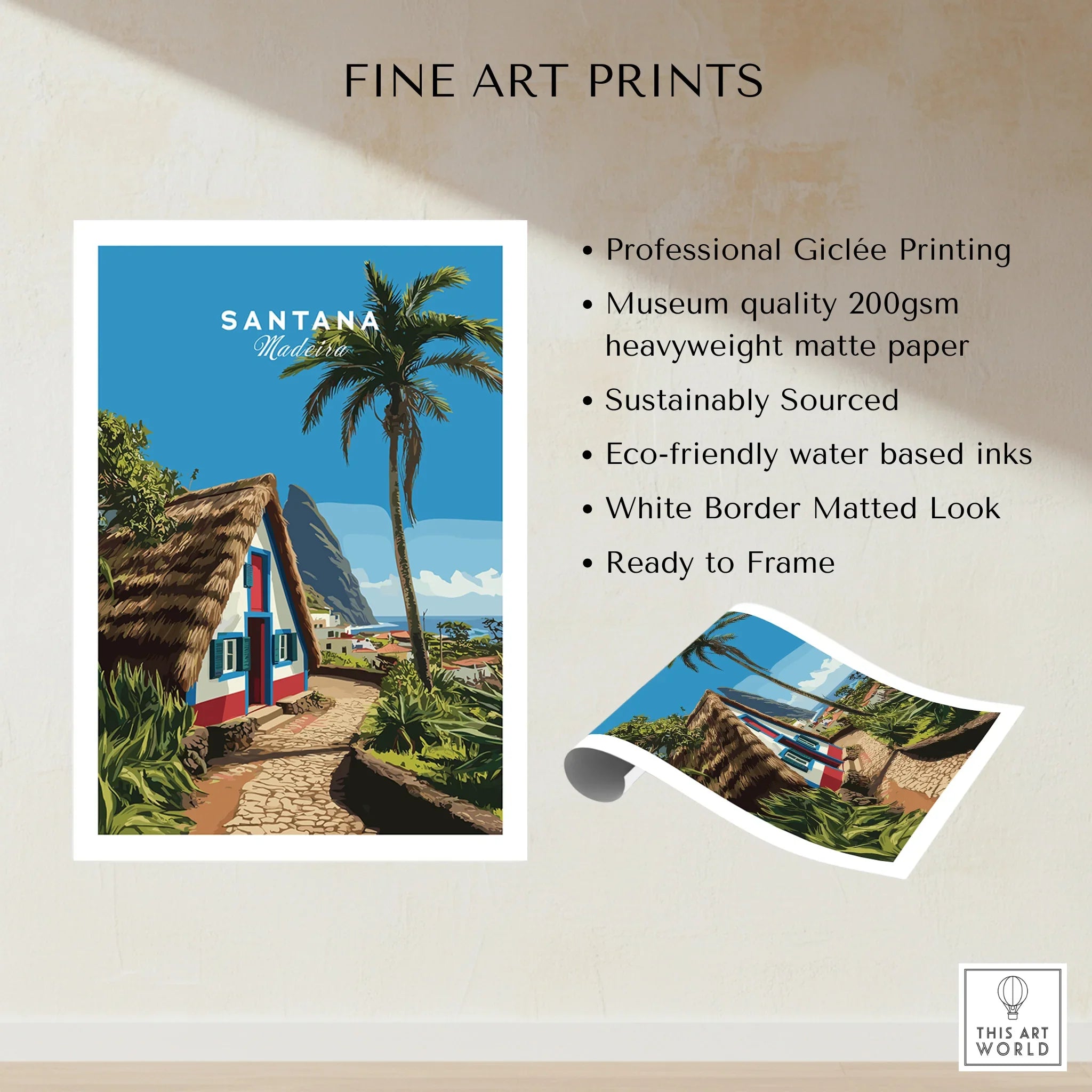 Santana Madeira travel poster fine art print with thatched house, palm tree, vivid blue sky