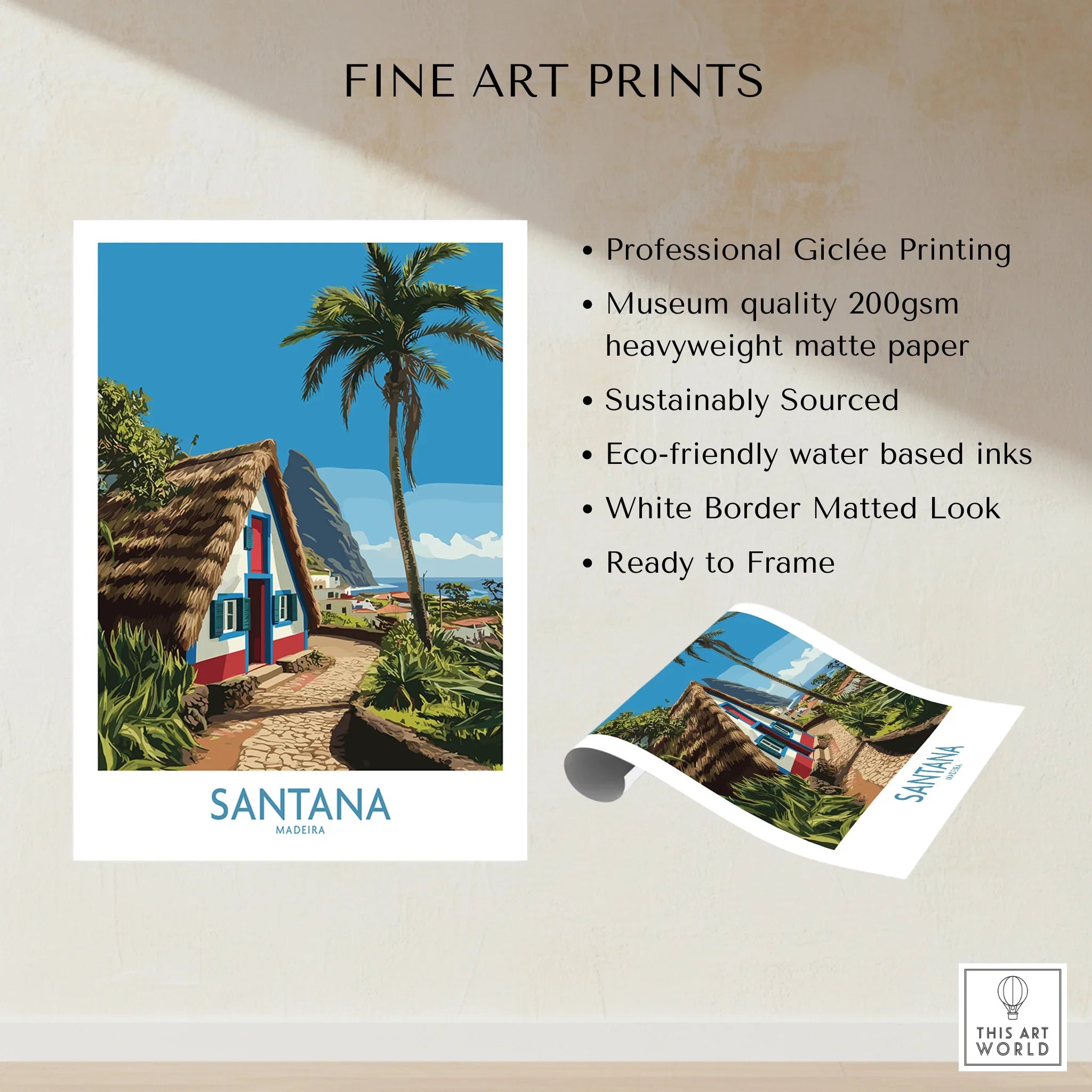 Santana Madeira fine art print of a traditional house, palm tree, and mountains, unframed.