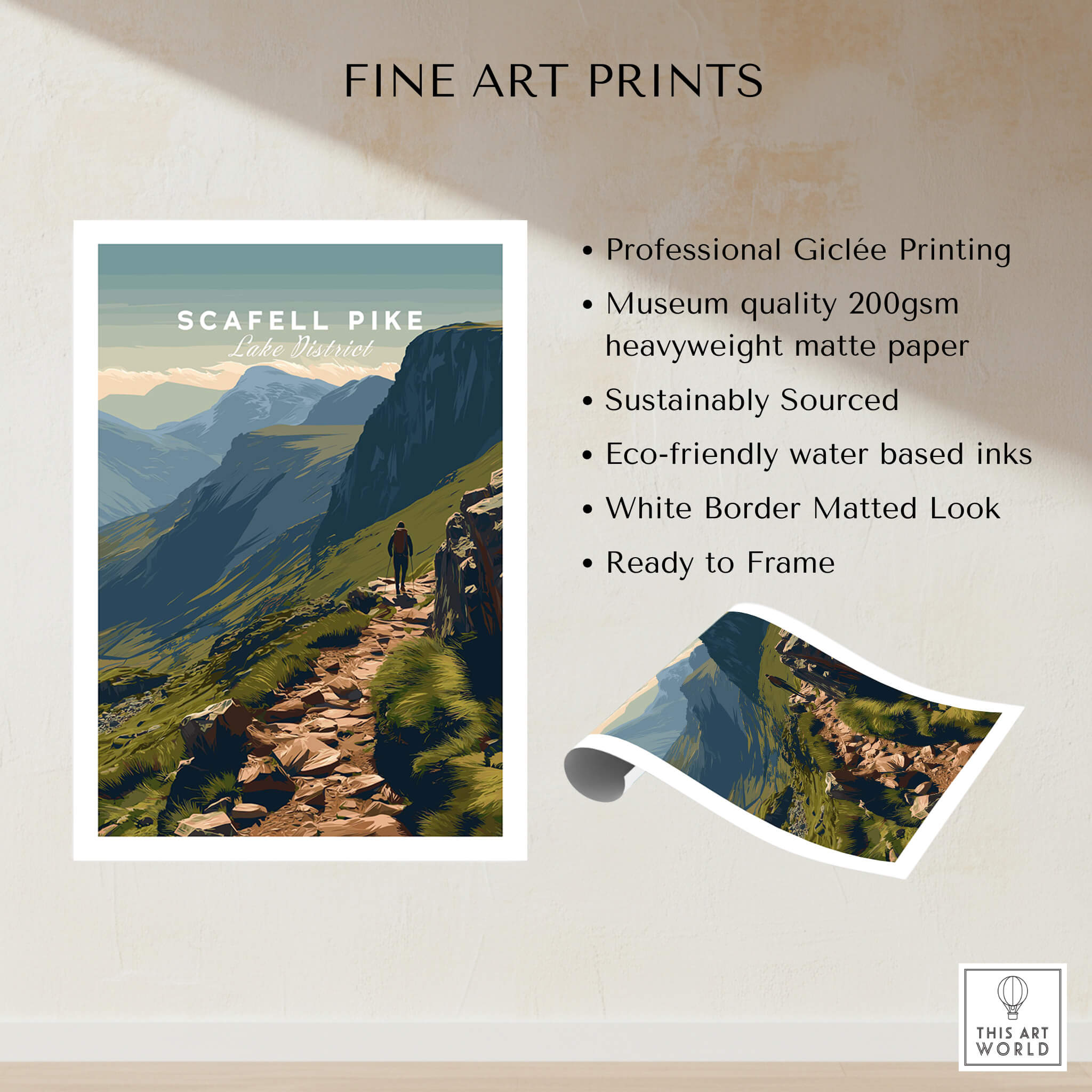 Scafell Pike Lake District Travel Poster | Mountain Valley View Wall Art Print, highlighting professional Giclée printing.