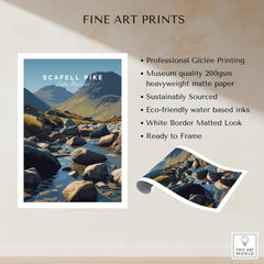 Scafell Pike Poster Lake District Wall Art Print showcasing beautiful landscape with river and mountains.