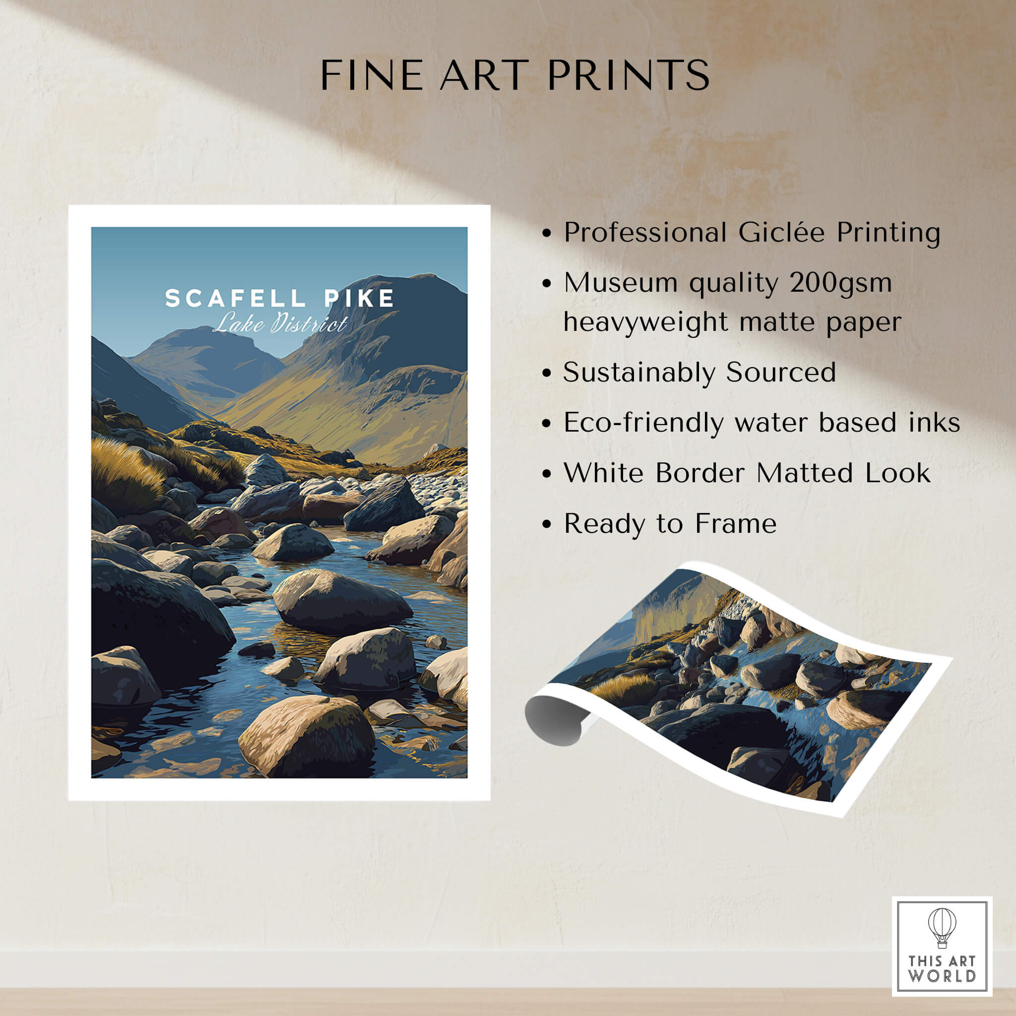 Scafell Pike Poster Lake District Wall Art Print showcasing beautiful landscape with river and mountains.