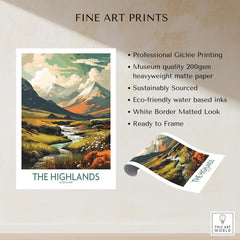 Scottish Highlands Art Print | Modern Style showcasing vibrant landscape with mountains and river, perfect for home decor.