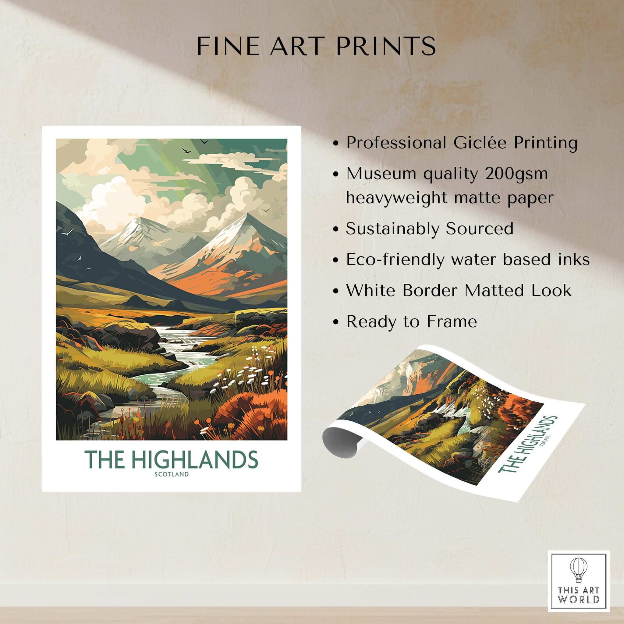 Scottish Highlands Art Print | Modern Style showcasing vibrant landscape with mountains and river, perfect for home decor.