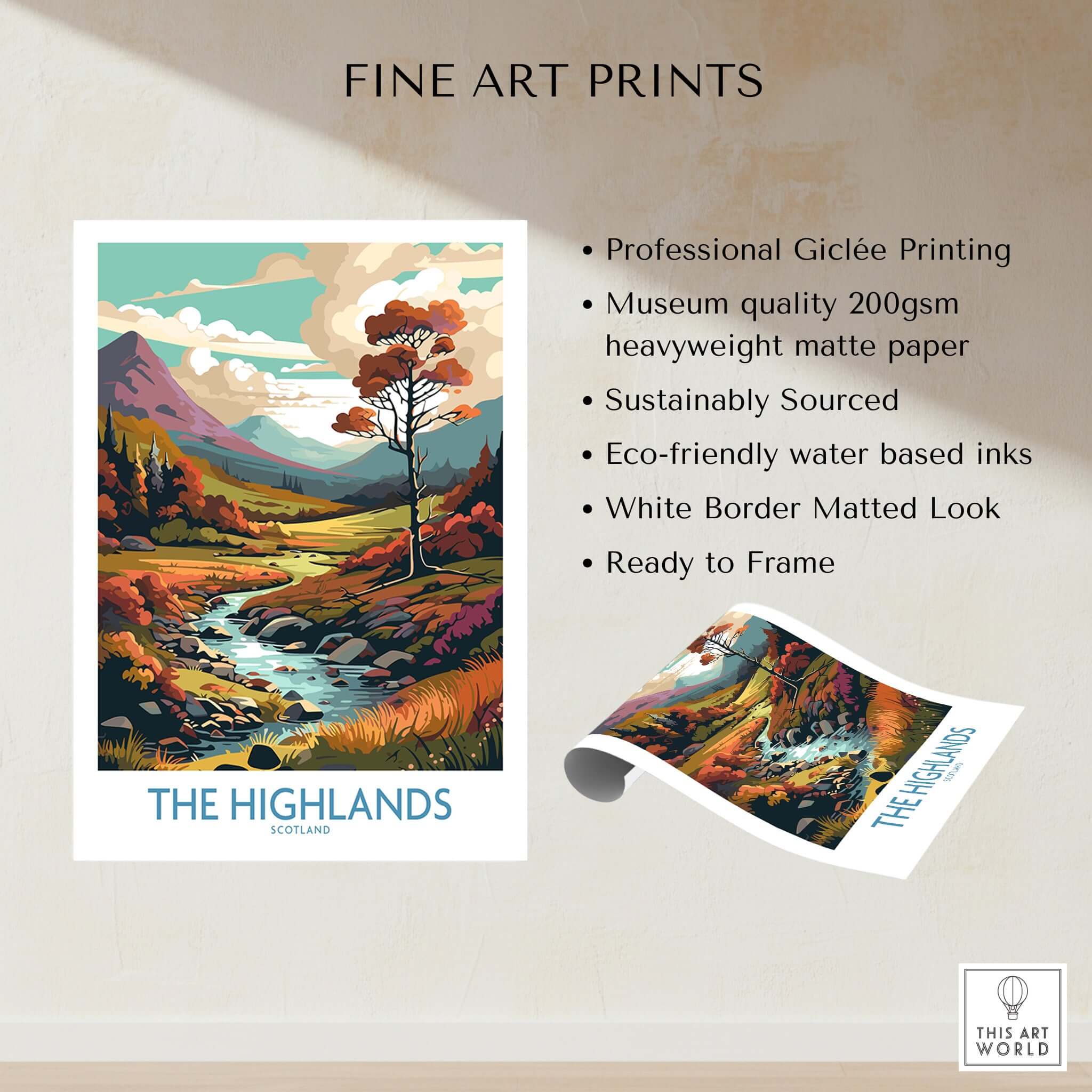The Highlands Scotland Art Print showcasing vibrant landscapes and detailed scenery, perfect for home decor.