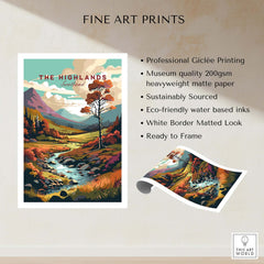 Scottish Highlands Wall Art featuring vibrant scenery, professional Giclée printing, and eco-friendly materials.