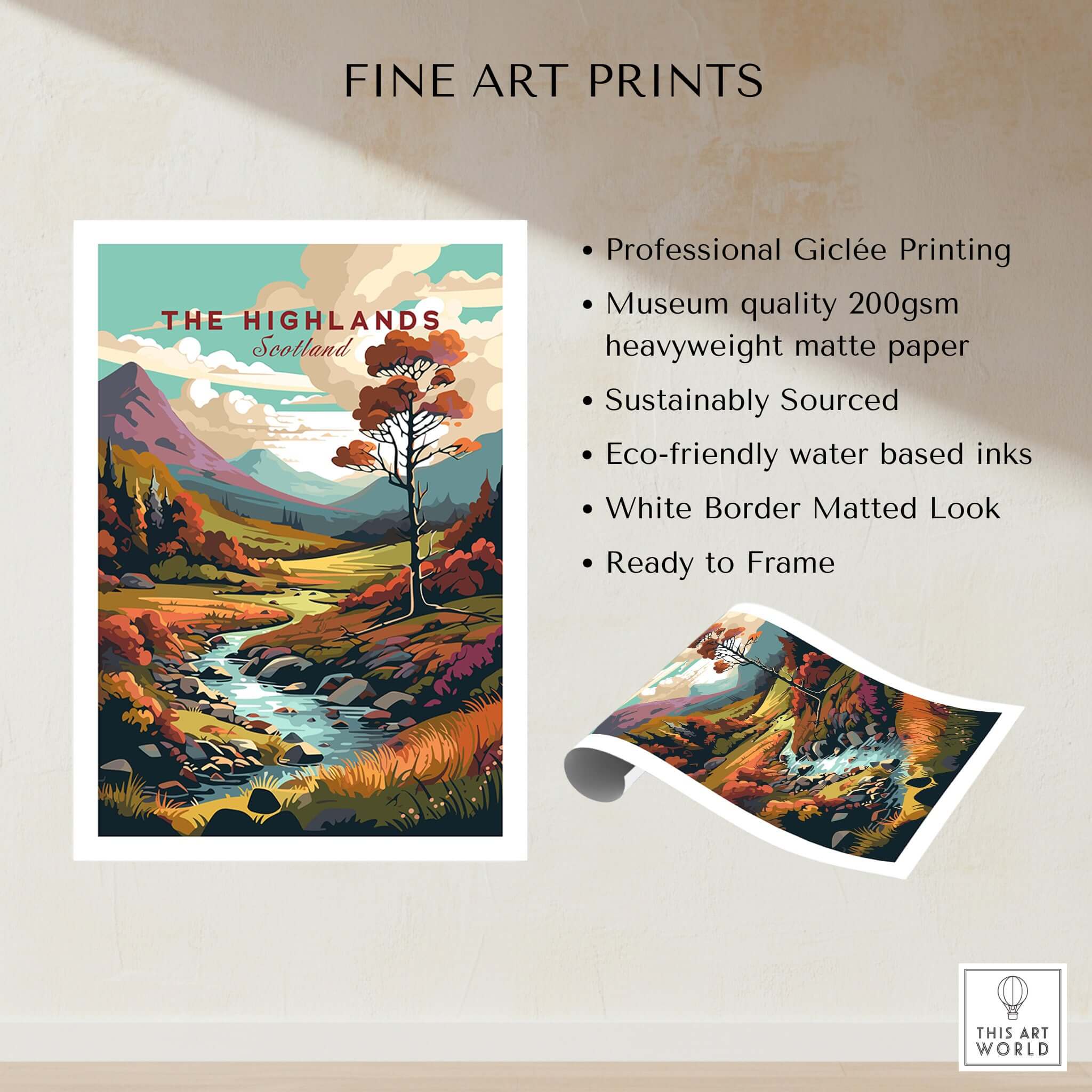 Scottish Highlands Wall Art featuring vibrant scenery, professional Giclée printing, and eco-friendly materials.