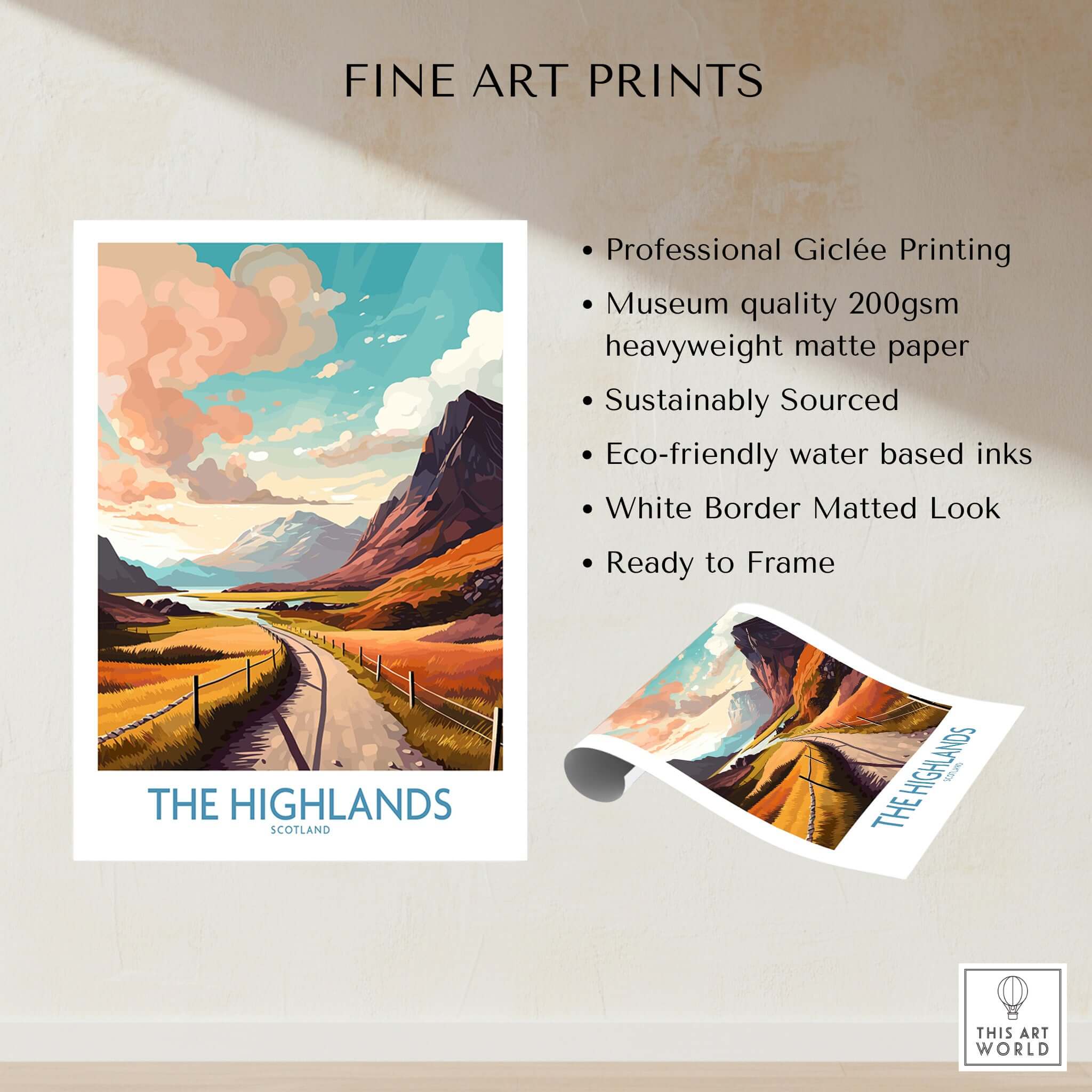 The Highlands Scotland Wall Art showcasing vibrant colors and beautiful landscape details, perfect for home decor.