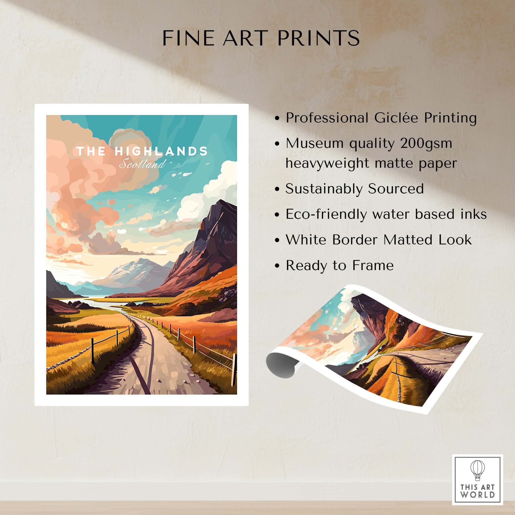 Scottish Highlands Art Print featuring stunning landscape and vibrant colors, perfect for home decoration.