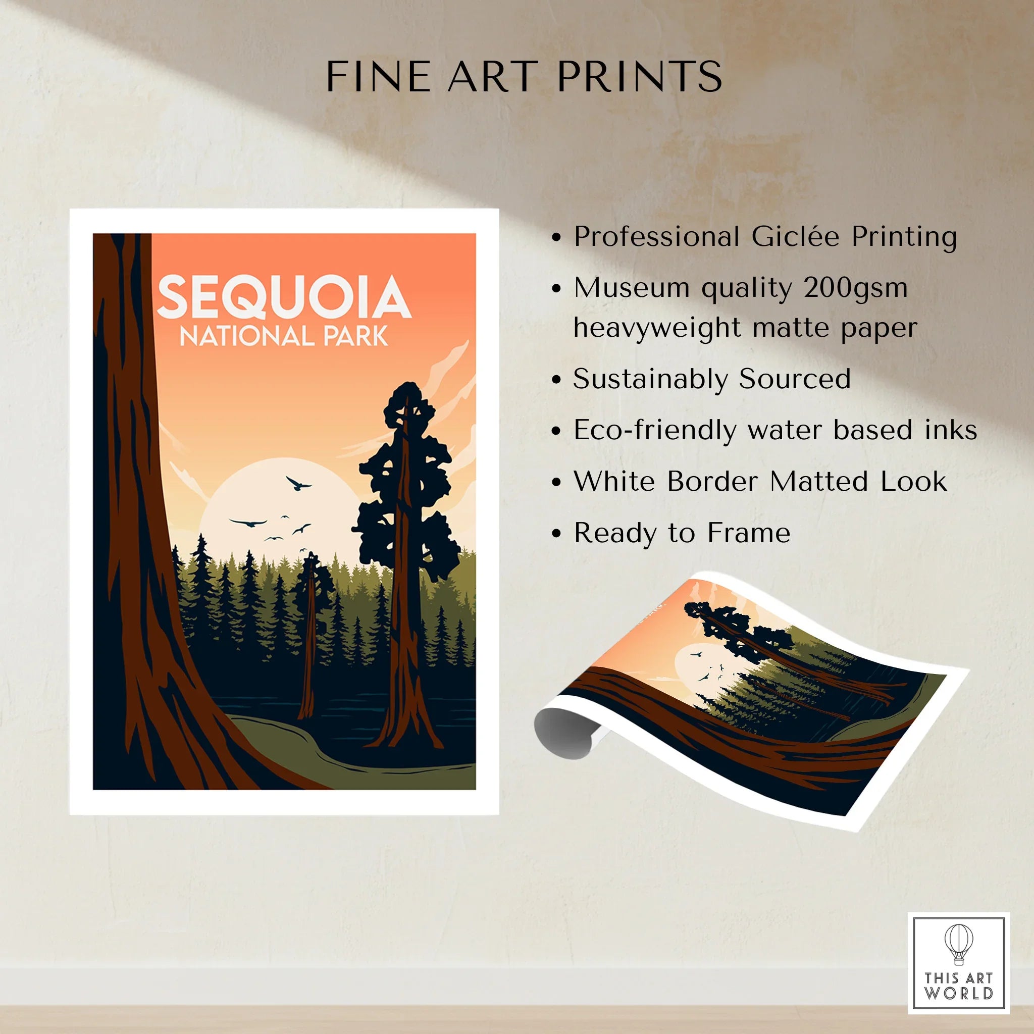 Sequoia National Park fine art print with sunset forest, unframed, ready to hang wall art