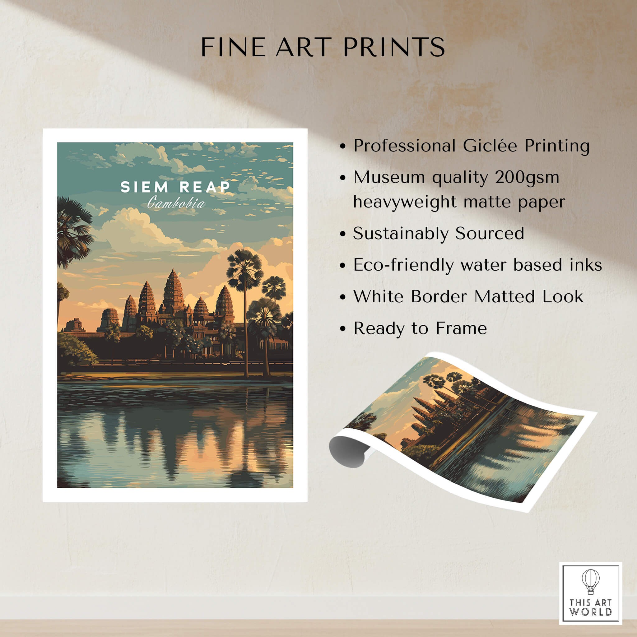 Siem Reap Poster Cambodia | Angkor Wat Temple Wall Art Print featuring professional Giclée printing and eco-friendly materials.