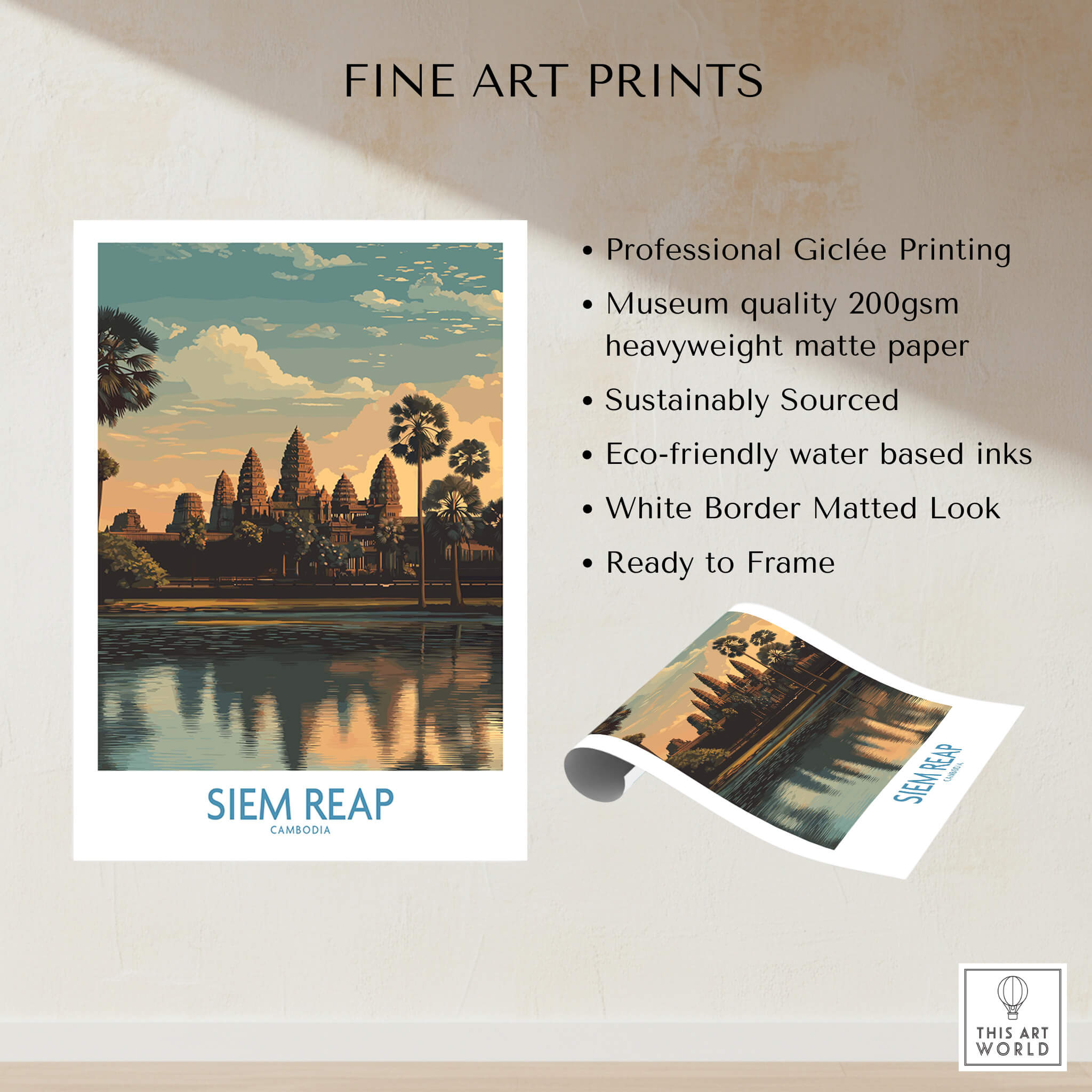Siem Reap Canvas Print | Cambodia Khmer Poster showcasing Angkor Wat with professional Giclée printing on matte paper.
