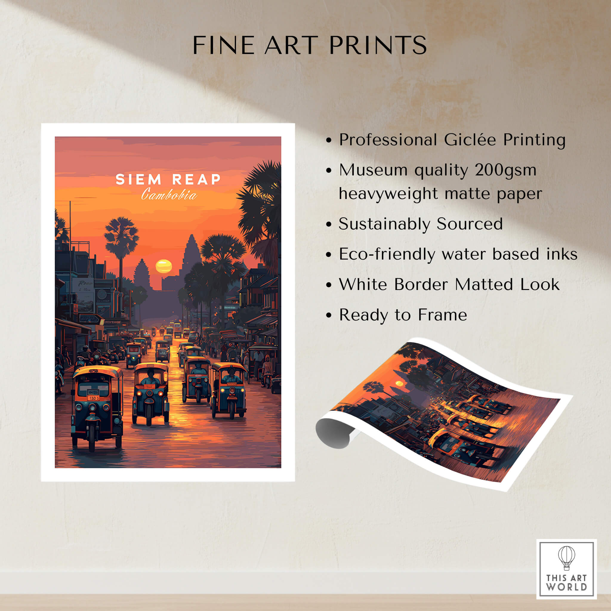 Siem Reap Wall Art Print | Cambodia Sunset Street Scene Travel Poster showcasing vibrant street life at sunset.