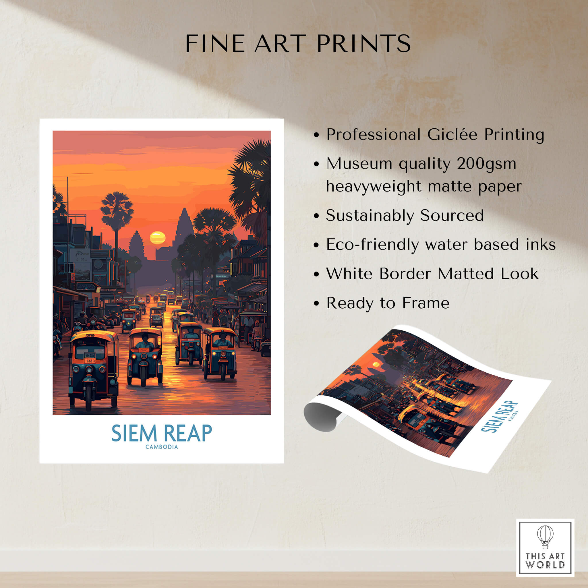Siem Reap Poster | Bustling Tuk Tuk Cambodia Cityscape Canvas Print showcasing vibrant tuk tuks and sunset in Siem Reap.