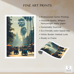 Siem Reap Cambodia Travel Poster | Tropical Town Street Wall Art Print featuring vibrant street scene and palm trees.