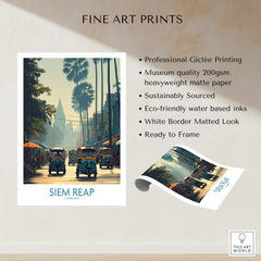 Siem Reap Cambodia Print | Canvas Poster showcasing vibrant tuk tuks and palm trees in a colorful street scene.