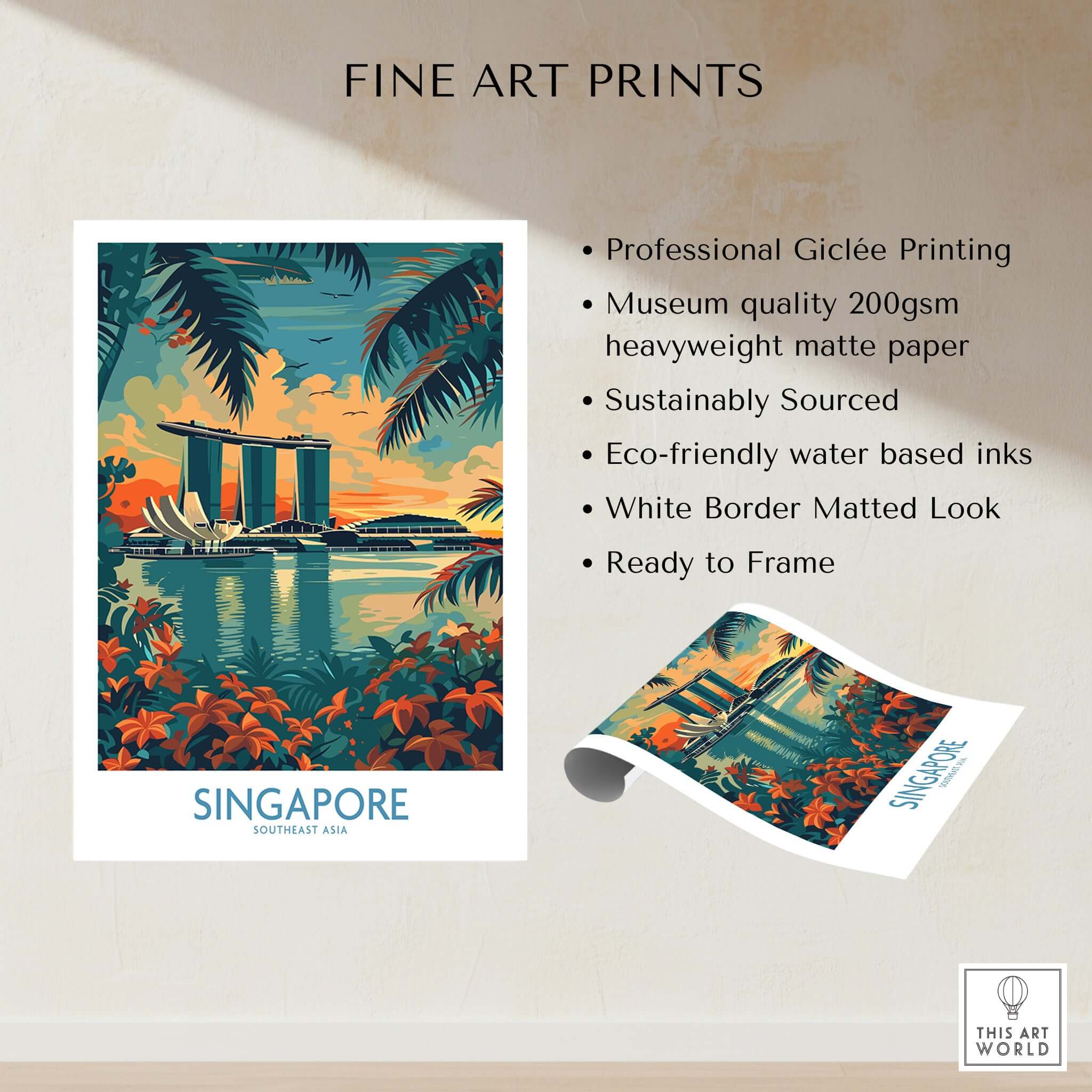 Singapore Travel Poster - Southeast Asia featuring Marina Bay Sands and tropical scenery.