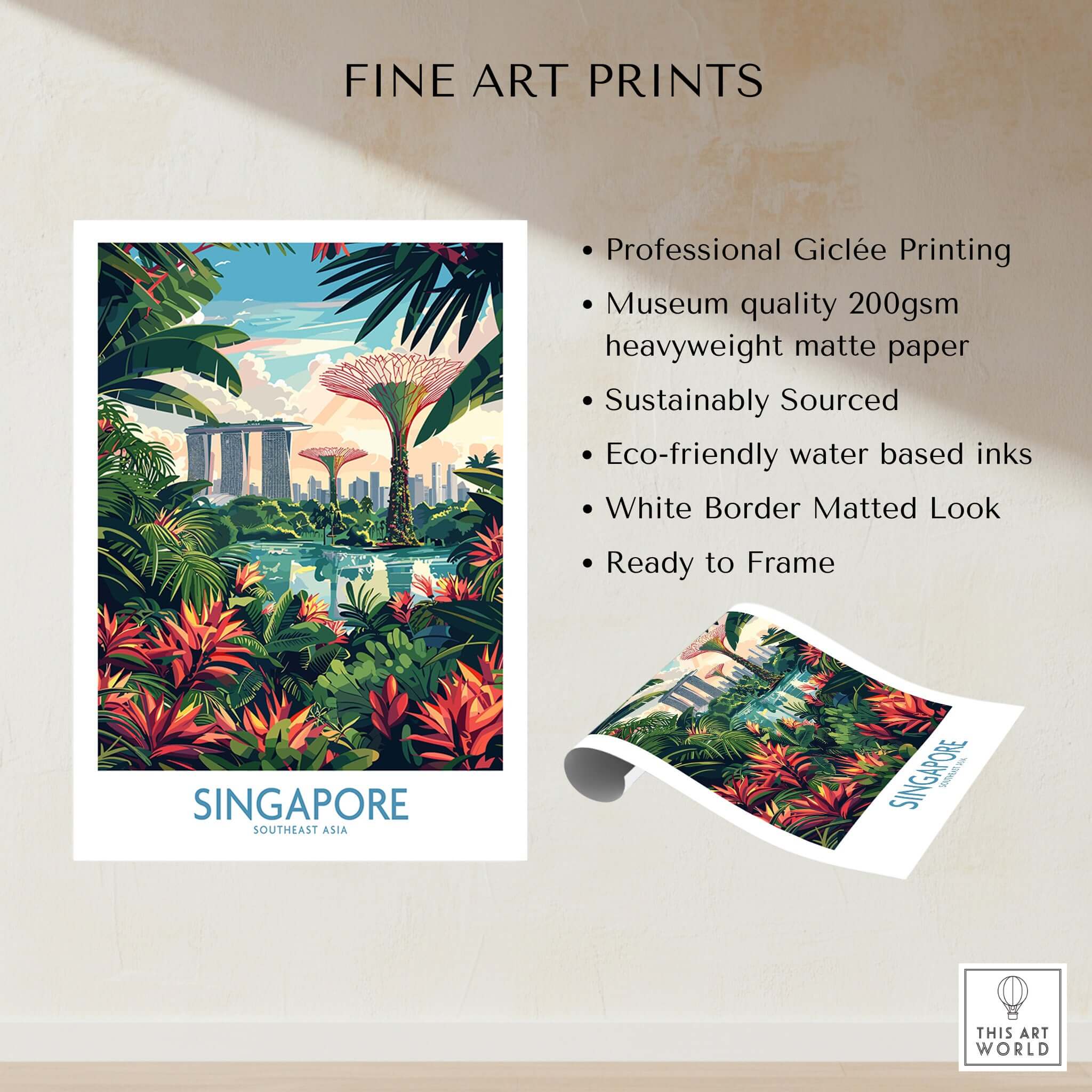 Singapore Gardens by the Bay Poster showcasing vibrant nature and iconic architecture in a stunning fine art print.