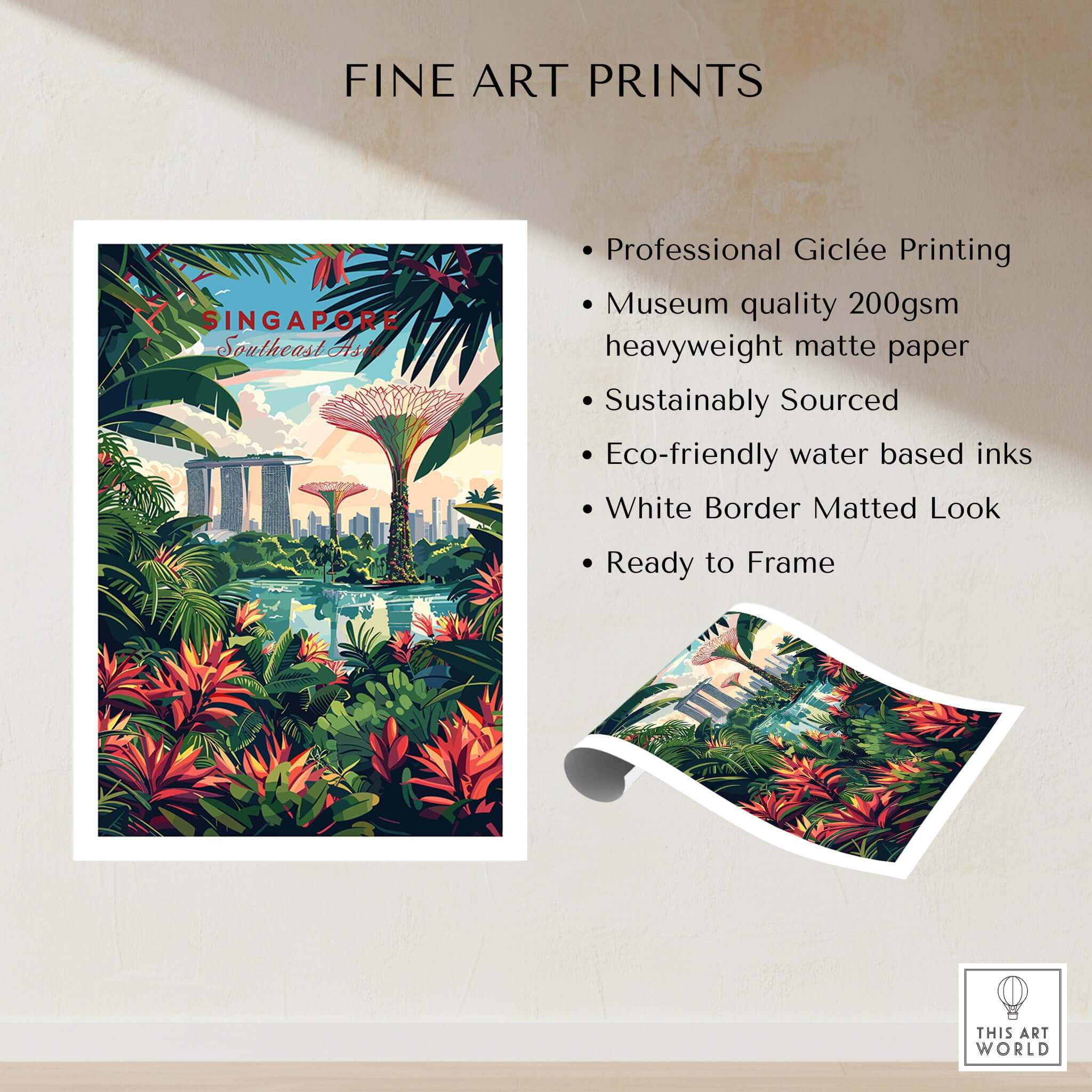 Singapore Marina Bay Poster featuring vibrant flora and iconic skyline, perfect for art lovers and modern decor.