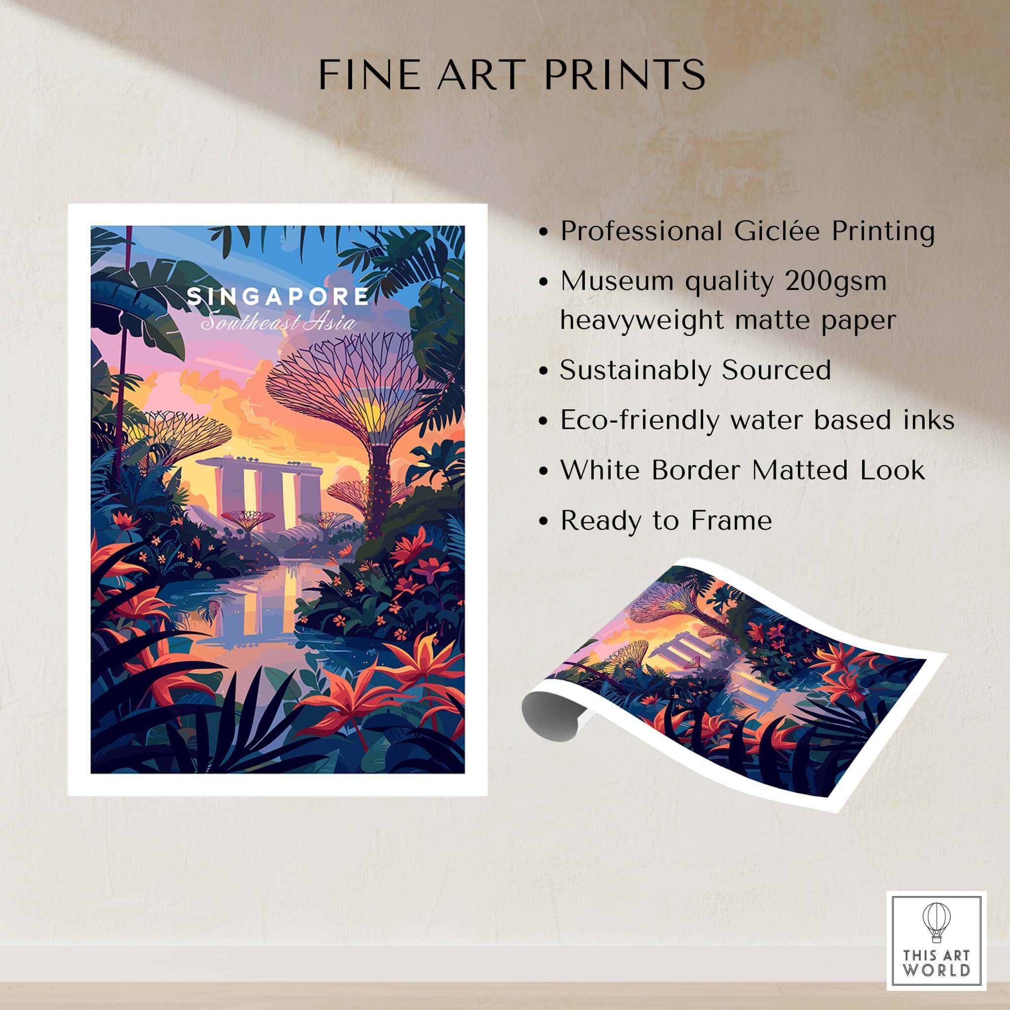 Singapore Poster featuring vibrant Gardens on the Bay illustration, perfect for adding culture to your home decor.