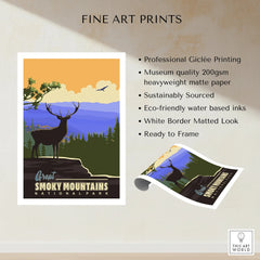 Smoky Mountains National Park fine art print with deer silhouette, mountain landscape, and eco-friendly details.
